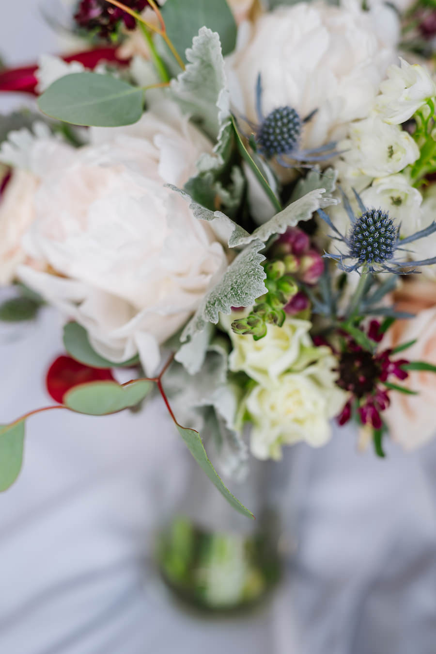 Ivory, Grey and Burgundy Floral Wedding Arrangement with Peonies and Greenery