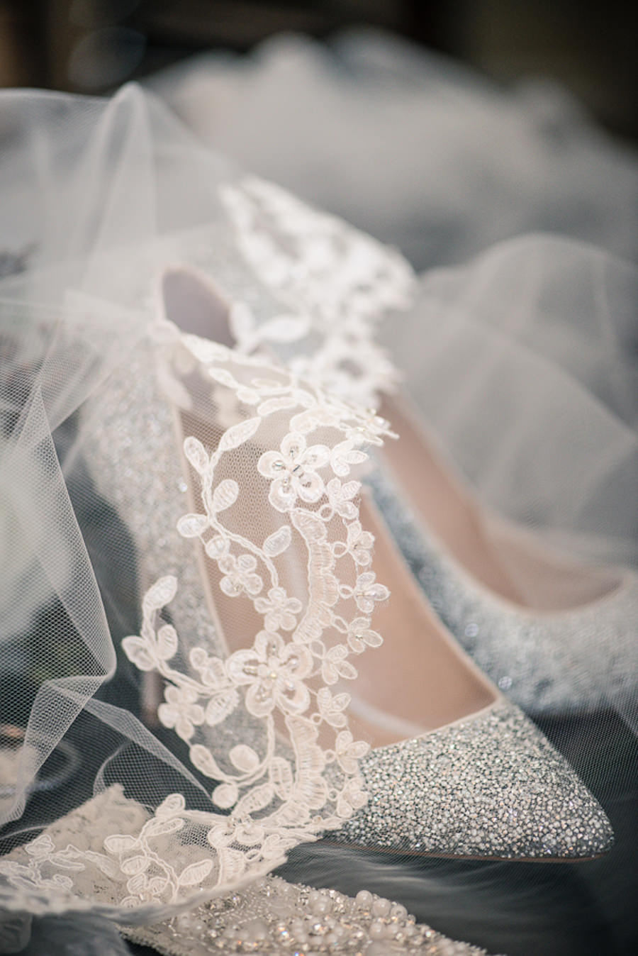 Getting Ready Bridal Accessorices | Silver Glitter Bridal Heels with Pearl and Rhinestone Garter and Chantilly Lace Scalloped Veil