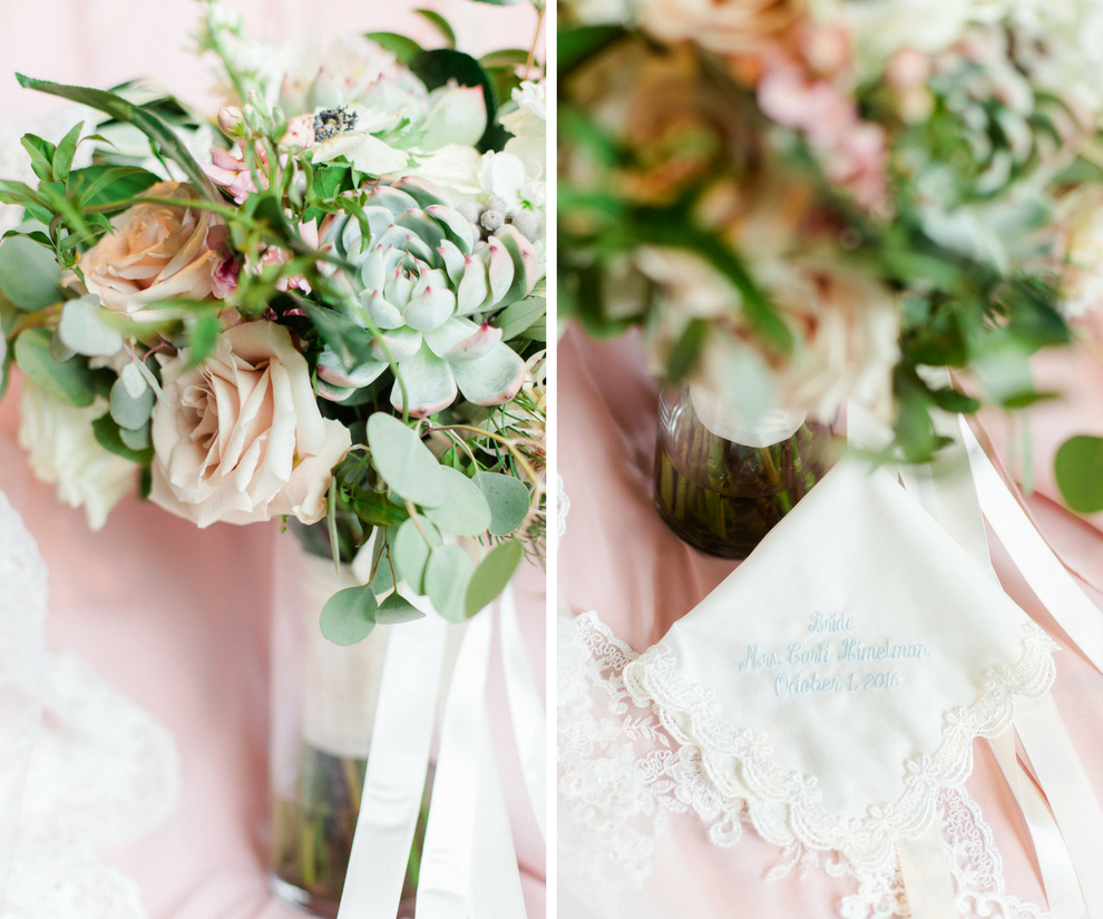 Getting Ready: Ivory and Blush Rose with Succulents and Greenery Bride Bouquet with Ivory and Baby Blue Handkerchief