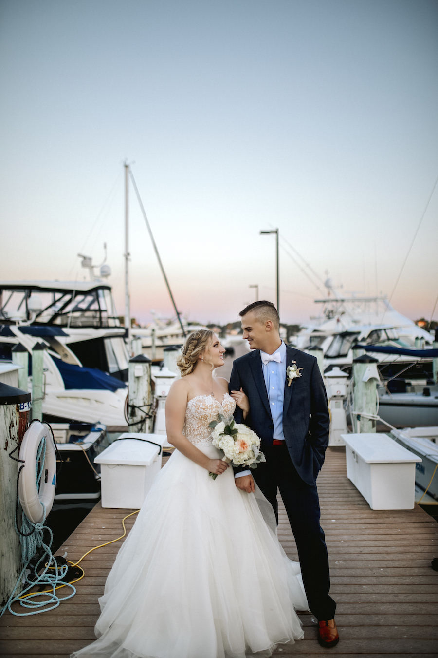 Outdoor Sarasota Bride and Groom Wedding Portrait with Bride in Lace and Tulle Reem Acra Ballgown | Bridal Boutique Blush Bridal Sarasota | Wedding Venue Sarasota Yacht Club | Tampa Bay Wedding Planner NK Productions