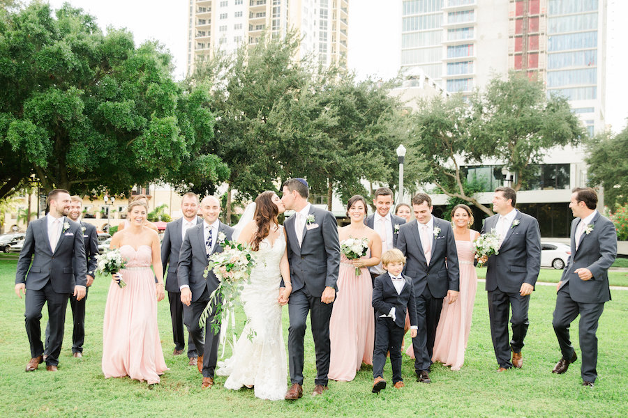 Outdoor, Downtown St. Petersburg Bridal Party Wedding Portrait with Bridesmaids in Blush Pink Dresses | St. Petersburg Wedding Venue The Birchwood | Tampa Bay Wedding Photographer Ailyn La Torre Photography