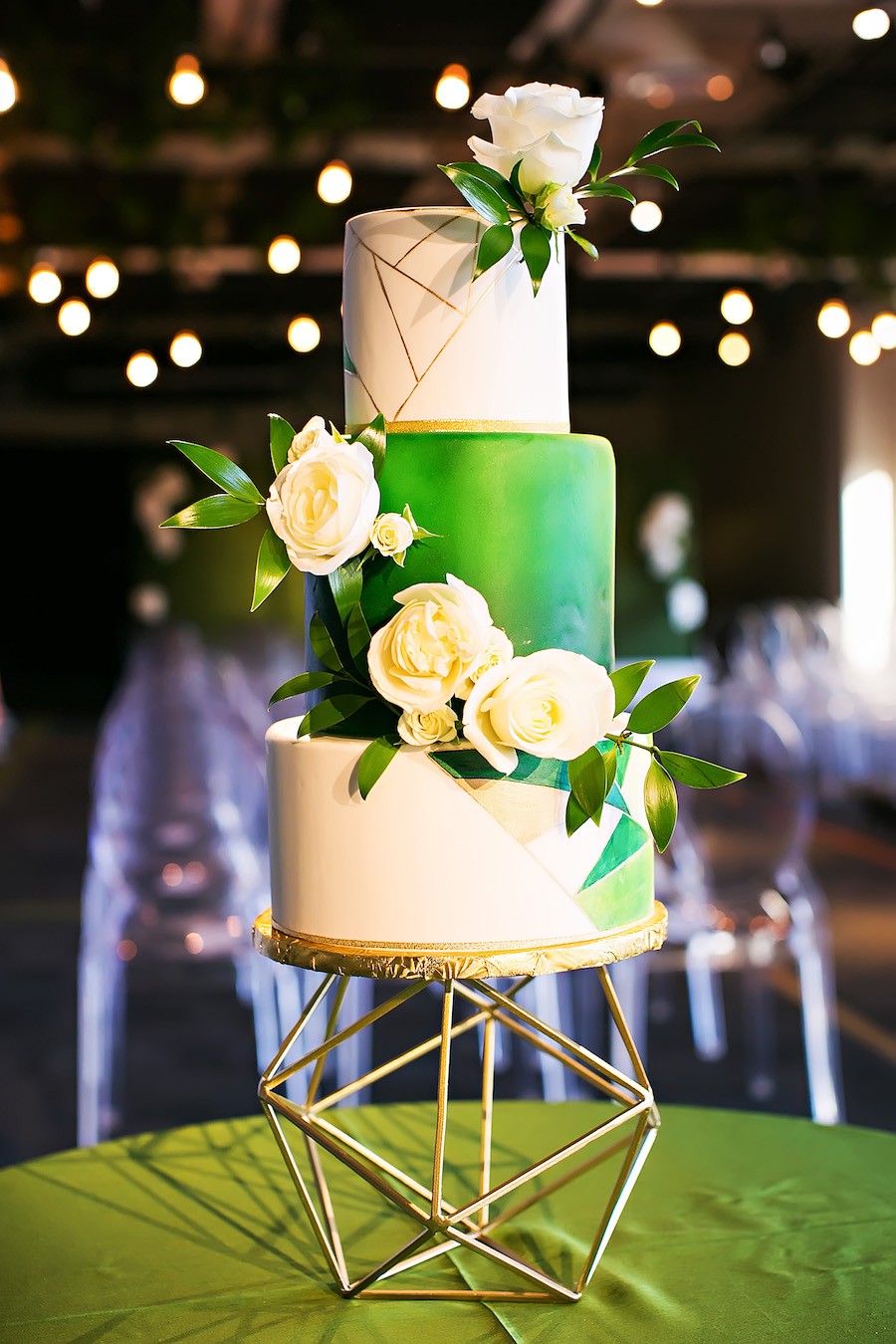 Green, White and Gold Modern Geometric Round Wedding Cake with Cascading Flowers | Tampa Bay Wedding Cake Baker The Artistic Whisk