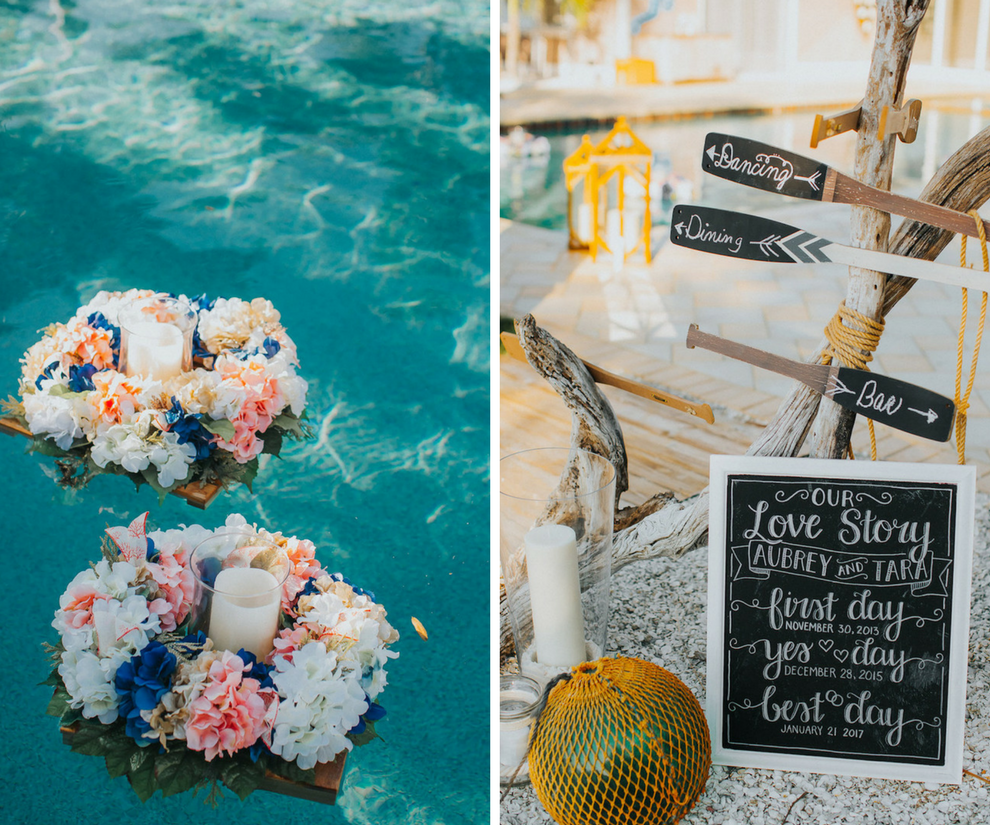 Nautical Chic Poolside Wedding Reception Decor with Oar Signage and Floating Candles in Pool