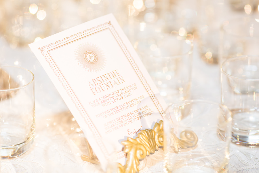 1920s Great Gatsby Themed Wedding Gold Wedding Reception Bar Sign | Absinthe Custom Cocktail Bar Stationery Sign | Tampa Bay Custom Wedding Invities URBANcoast