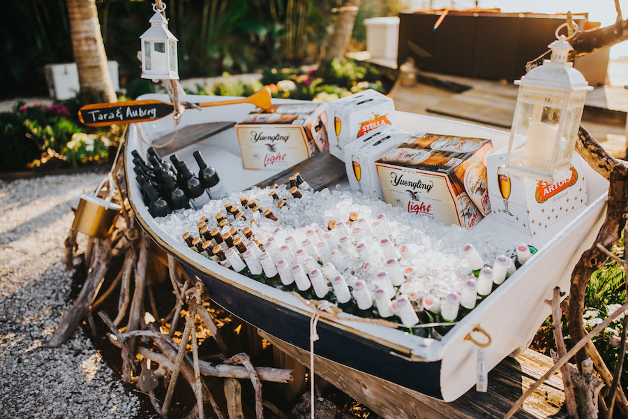 Tampa Outdoor Waterfront Wedding Reception with Canoe of Beer and Wine
