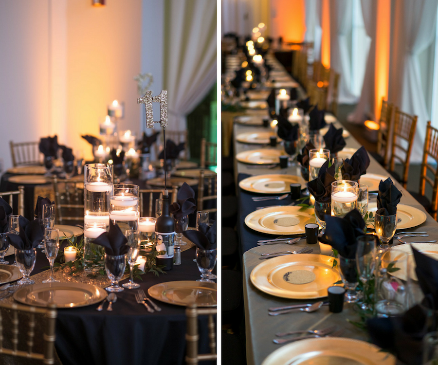 Black and Gold Wedding Reception Ideas and Inspiration with Floating Candle Centerpieces and Gold Chiavari Chairs and Chargers | Downtown Tampa Wedding Venue The Vault