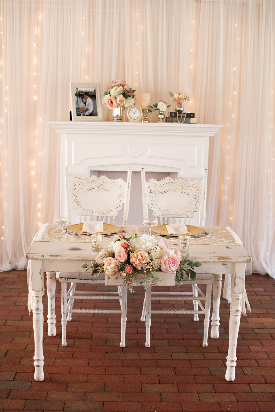 Ivory Gold and Pink Sweetheart Table with White Fireplace and Shabby Chic Vintage Accents | Rustic Wedding Reception Decor and Inspiration | Tampa Bay Wedding Venue Cross Creek Ranch
