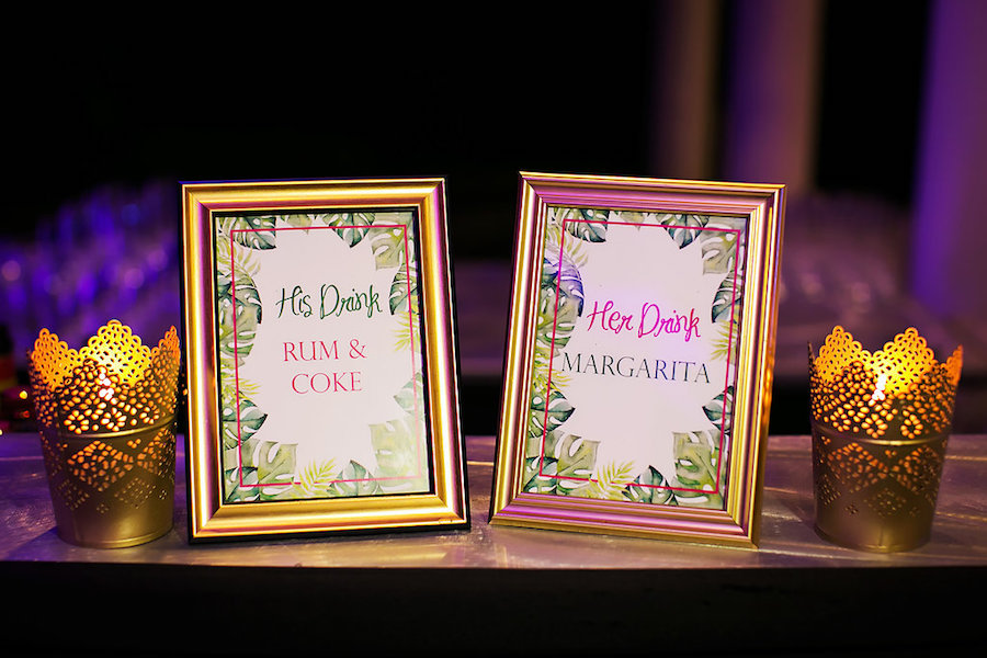 His and Hers Wedding Day Specialty Cocktail Signs with Palm Leaves in a Gold Frame | Tropical Wedding Decor Ideas | Sarasota Wedding Photographer Limelight Photography