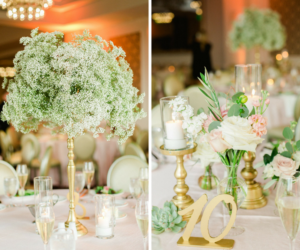 Elegant, Romantic Gold, Ivory and Blush WEdding Reception Ideas and Inspiration with Tall Babies Breath Centerpieces and Gold Table Numbers | St. Petersburg Wedding Venue The Birchwood | Tampa Bay Wedding Photographer Ailyn La Torre Photography