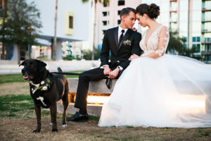Bride and Groom Downtown Tampa Wedding Portrait with Dog in Tuxedo with Floral Collar | Tampa Bay Wedding Pet Planner Fairytail Pet Care | Wedding Photographer Limelight Photography | Lace Wedding Dress from Bridal Shop Isabel O'Neil Bridal