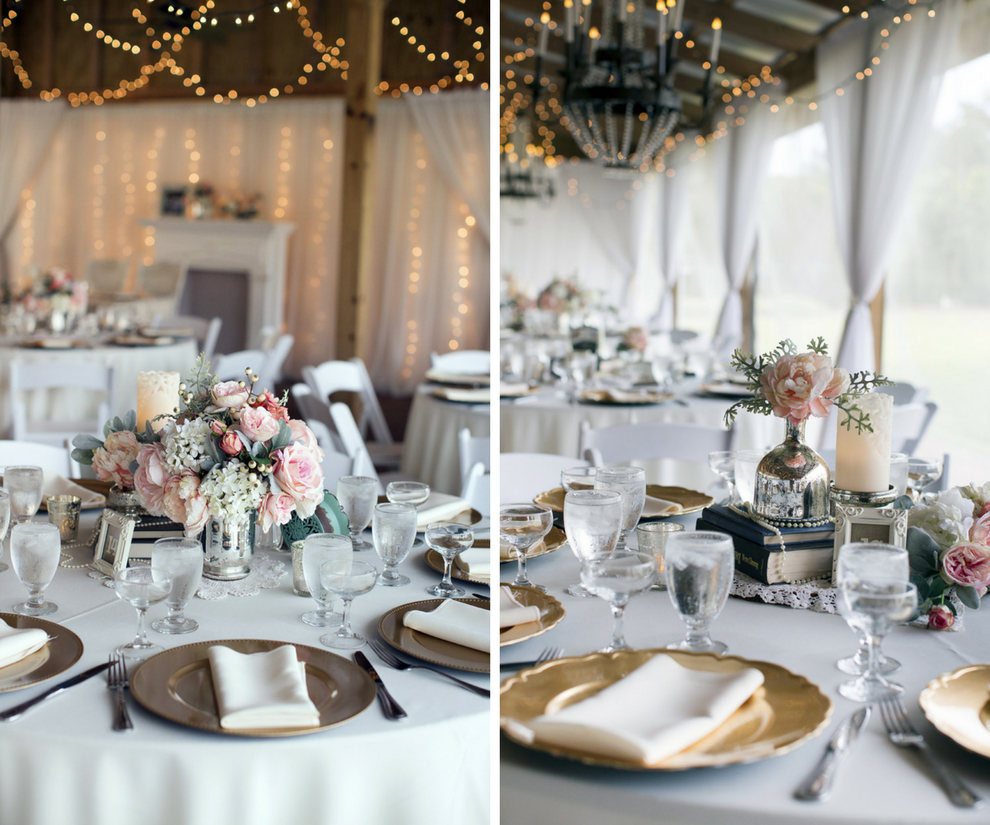 Pink and Ivory Rustic Floral Wedding Centerpieces with Pearls and Vintage Accents and Gold Chargers | Tampa Bay Wedding Venue Cross Creek Ranch