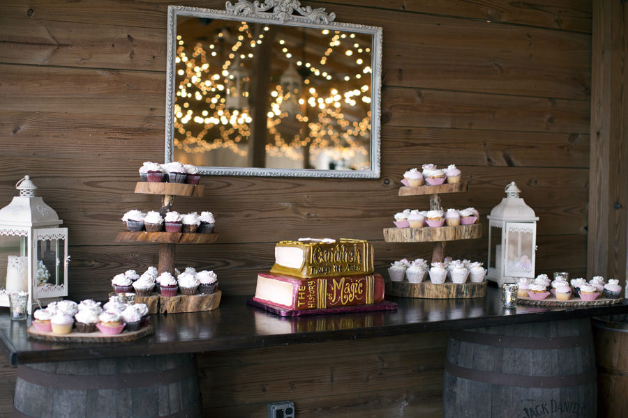 Rustic Wedding Reception Cake Table with Cupcake Tower and Harry Potter Groom Cake | Dessert Wedding Reception Decor and Inspiration | Tampa Wedding Cake Bakery Alessi Bakeries