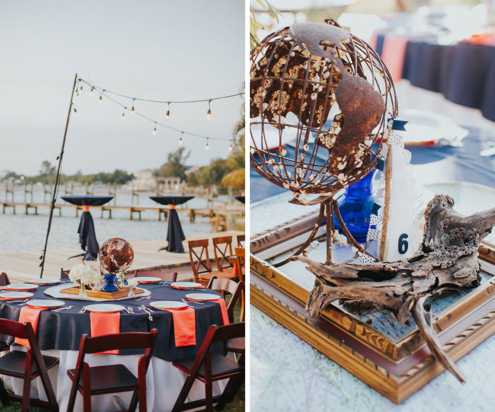 Tampa Outdoor Waterfront Wedding Reception Decor with Nautical Anchor Table Decorations with Globes and Navy and Red Linens