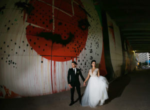 Bride and Groom Wedding Portrait with Downtown Tampa Graffiti Mural | Wedding Photographer Limelight Photography