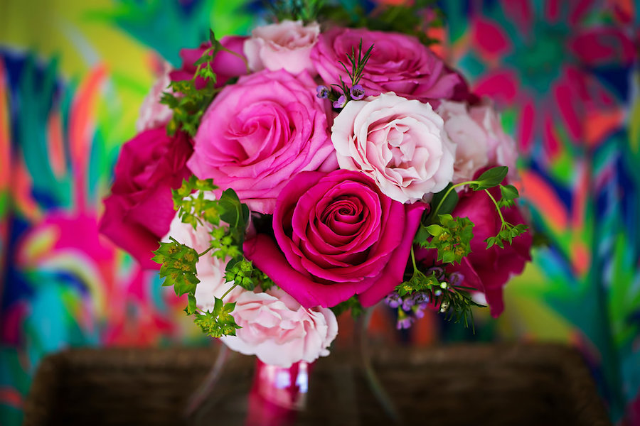 Tropical Lilly Pulitzer Inspired Wedding Bouquet of Fuchsia and Pink Roses with Greenery | Sarasota Wedding Photographer Limelight Photography