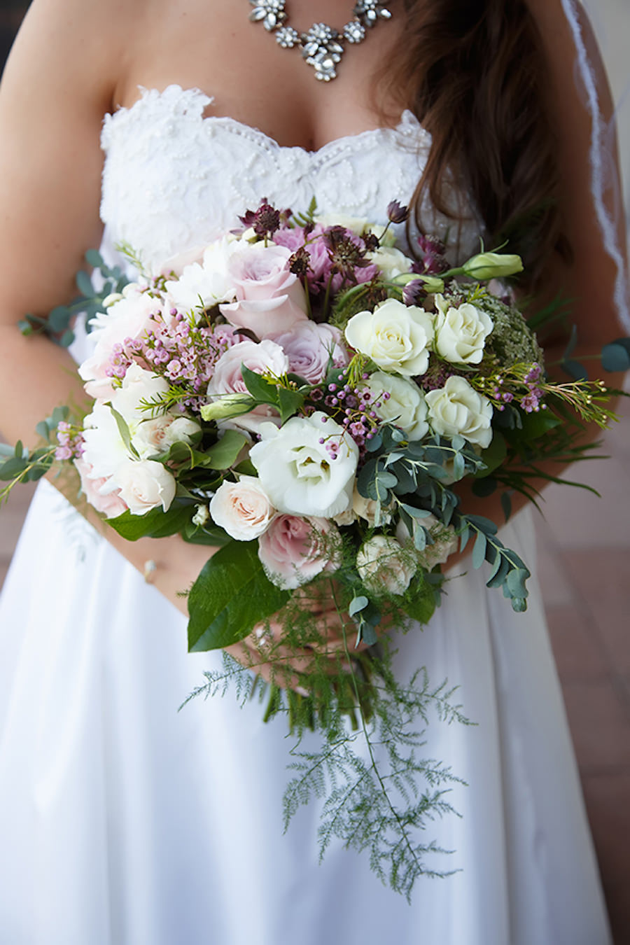 Lavender, Blush Pink, and Ivory Rose Rustic Bridal Wedding Bouquet With Greenery