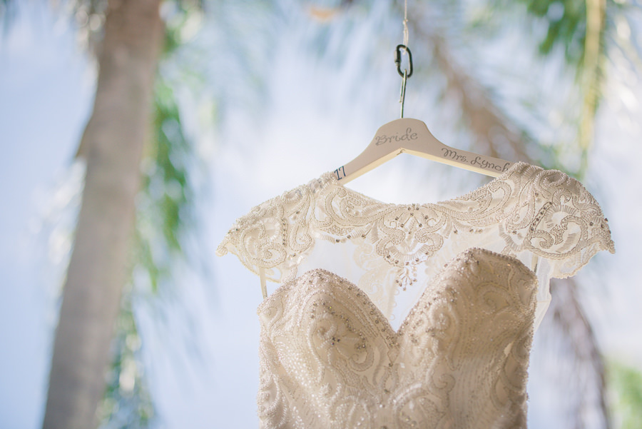 Ivory Beaded Sweetheart Illusion Neckline Bridal Gown on White Monogrammed Hanger