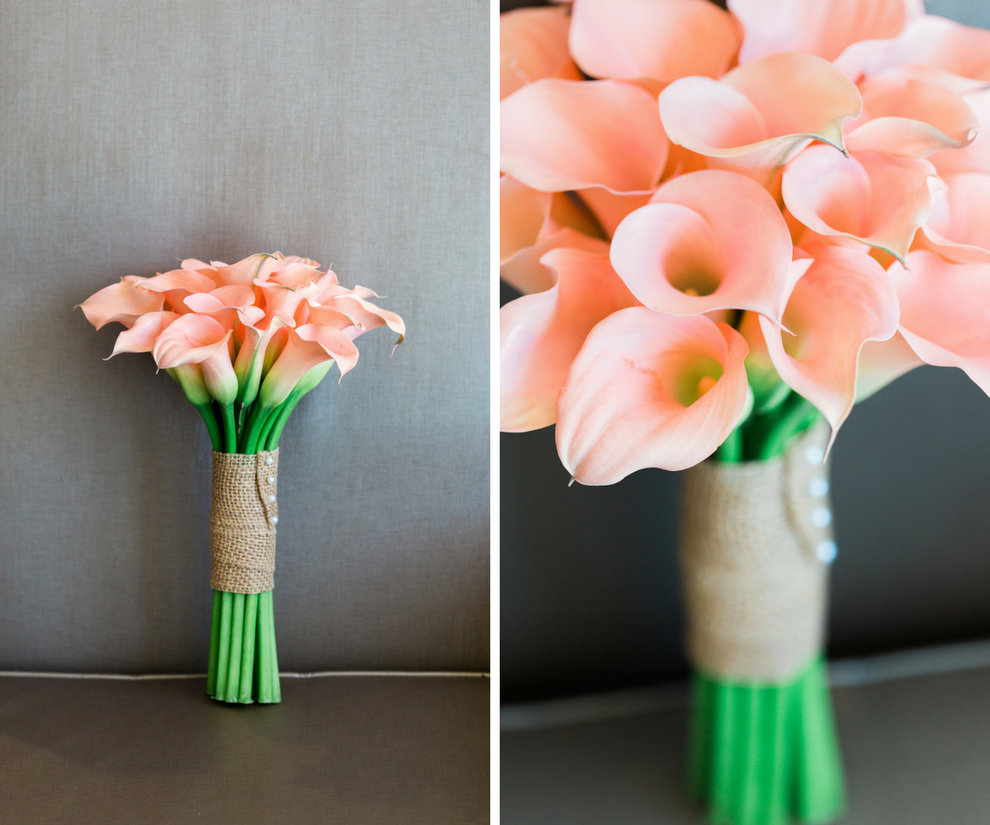 Simple Peach Lilly Bouquet with Long Green Stems Covered in Burlap and Pearl Bridal Bouquet