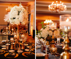 Ivory, Black and Gold Wedding Reception with Tall White Hydrangea and Rose Flowers and Floating Candles | St. Petersburg Wedding Venue The Don CeSar | Tampa Bay Wedding Photographer Jonathan Fanning Studio and Gallery | A Chair Affair
