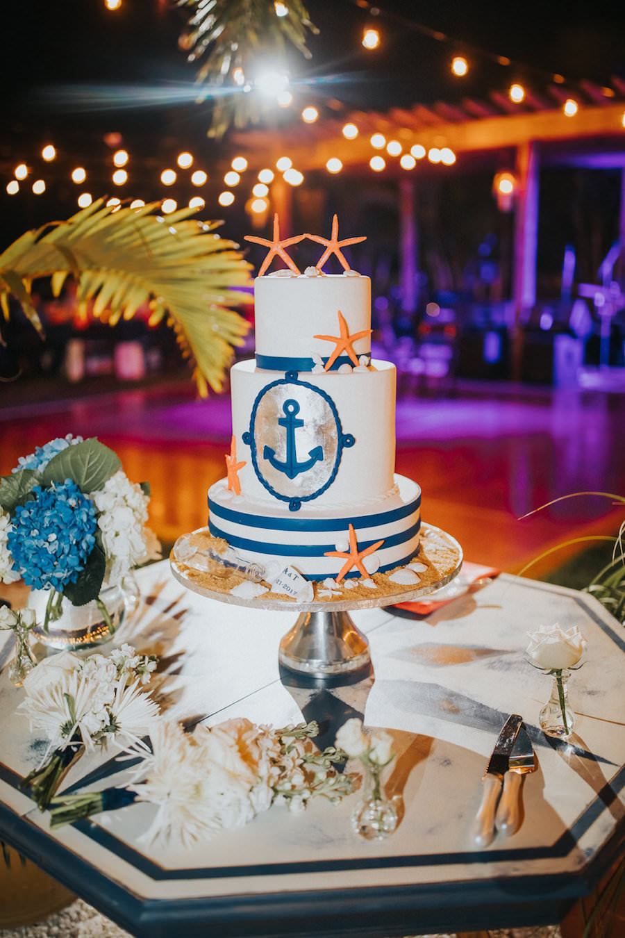 Three Tiered Round Hand Painted Nautical Wedding Cake with Anchor and Starfish Accents