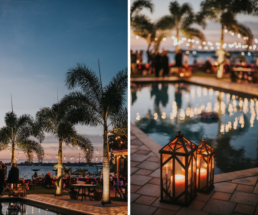 Tampa Outdoor Waterfront Wedding Reception with Market Lighting and Lanterns
