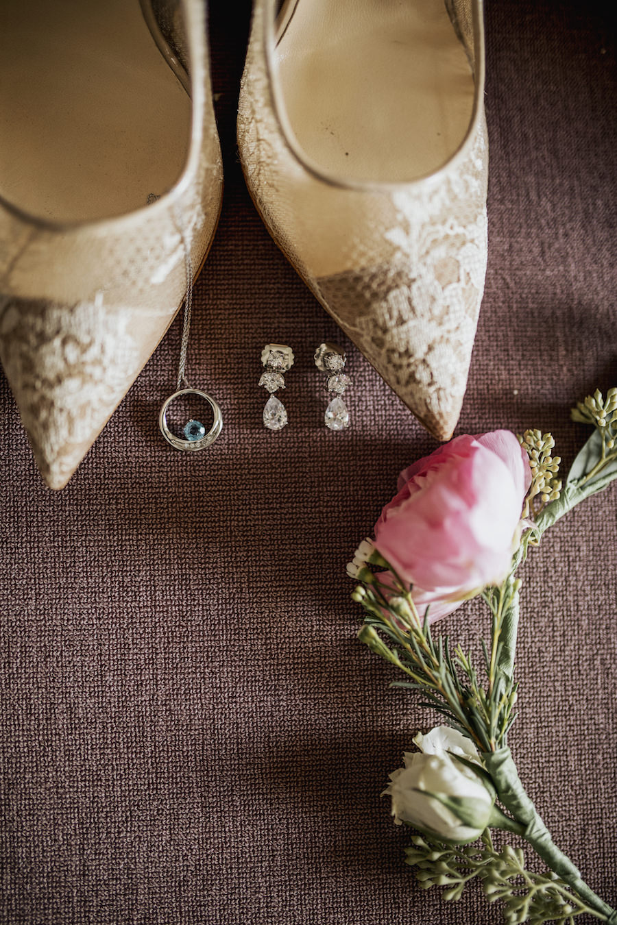 Wedding Getting Ready Details with Neutral Lace Bridal Heels and Rhinestone Jewelry with Pink and Ivory Flower Crown | Tampa Bay Wedding Planner NK Productions