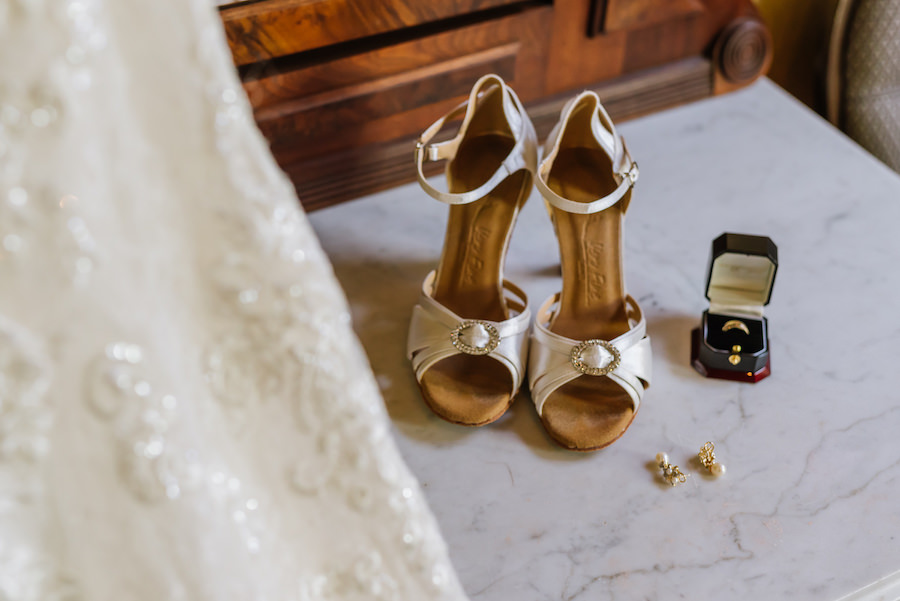 White Satin Wedding Shoes with Wedding Day Jewelry | Bridal Getting Ready Wedding Portrait