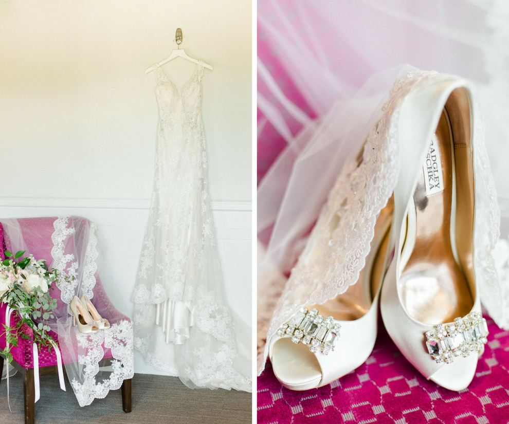 Getting Ready: Ivory Lace Wedding Dress and Veil | Peach Rhinestone Badgley Mischka Wedding Heels