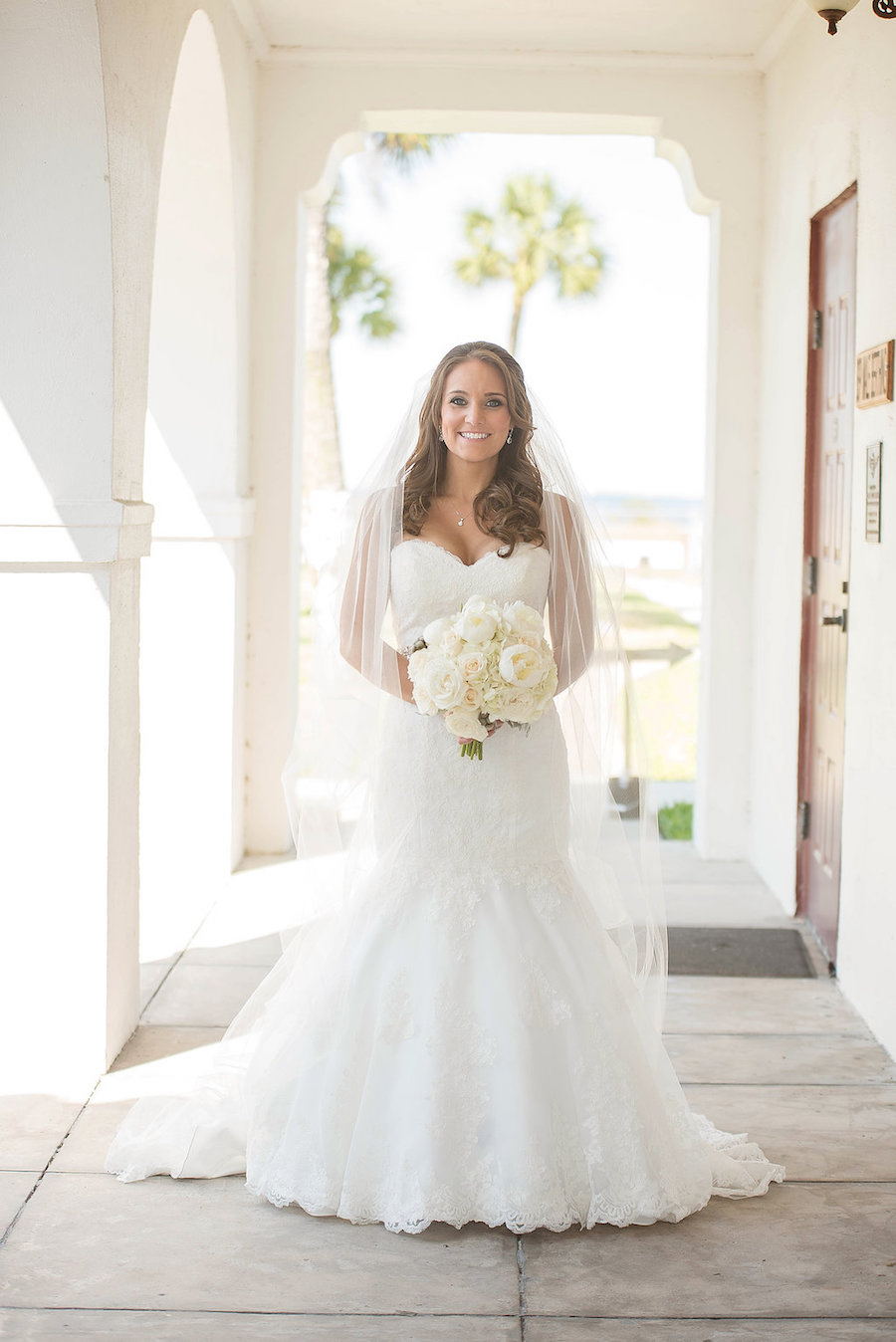 Bridal Wedding Day Portrait in Cream Lace Trumpet Style Wedding Dress with Cathedral Veil | St. Petersburg Wedding Photographer Kristen Marie Photography
