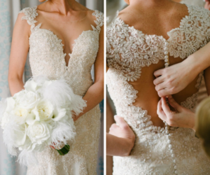 Bride in Lace Beaded Martina Liana Gown with Mesh Overlay and Open Back with Buttons and White Rose and Feather Bouquet Wedding Portrait