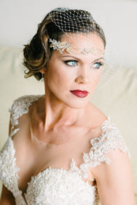 Bride with Lace Beaded Martina Liana Gown and Vintage Gold Rhinestone Headpiece and Birdcage Veil Wedding Portrait