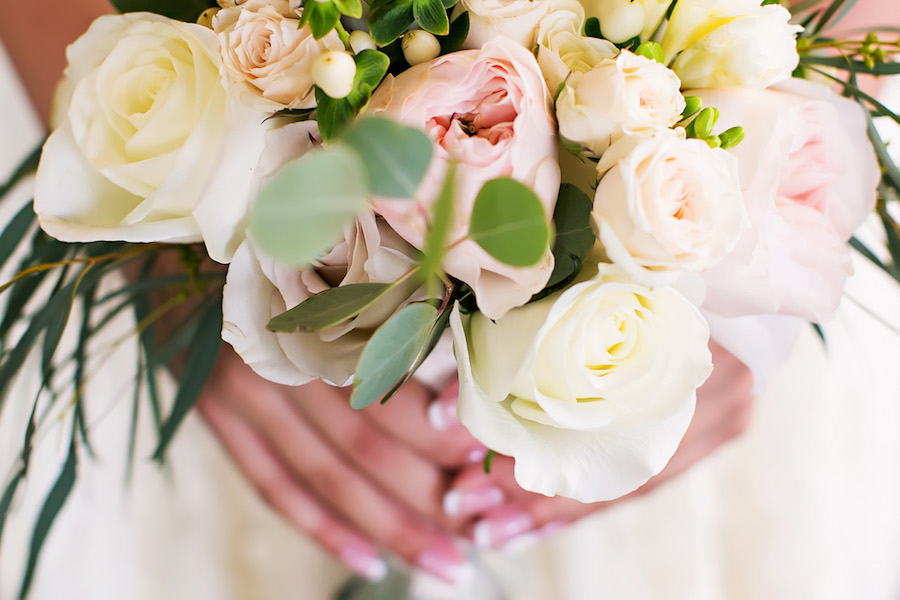 Romantic Blush Pink and White Rose Wedding Bouquet with Greenery