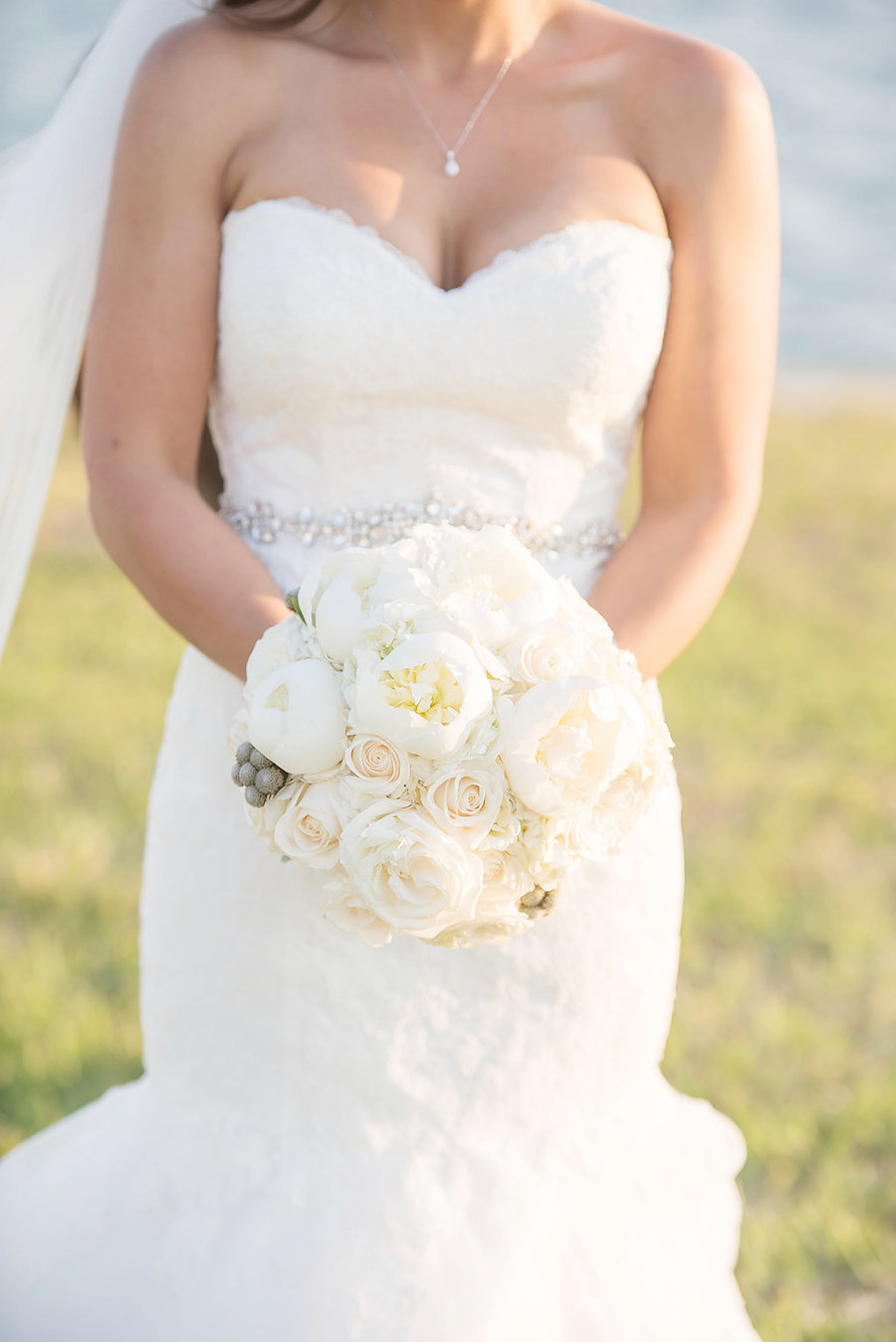 Cream Lace Sweetheart Wedding Dress with Rhinestone Belt and Ivory Peony Wedding Bouquet | St. Petersburg Wedding Photographer Kristen Marie Photography