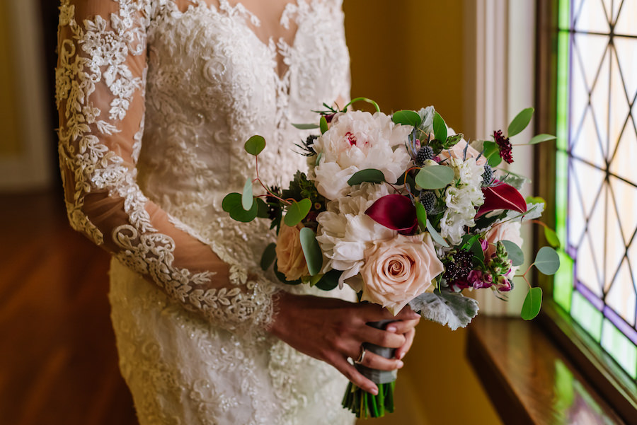 Bridal Wedding Portrait in Lace Long Sleeve David’s Bridal Wedding Dress with Blush and Burgundy Wedding Bouquet | St. Pete Wedding Videography by Imagery Wedding Films