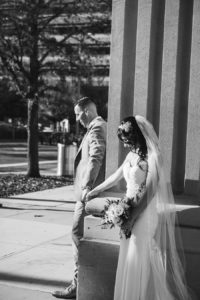 Outdoor Bride and Groom Holding Hands Before First Look | Downtown Tampa Wedding Venue The Vault | Marc Edwards Photographs