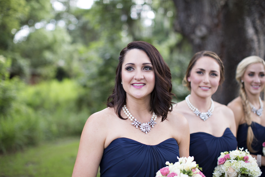Wedding Bridal Party Navy Blue Bridesmaids Dresses and Pear and Crystal Statement Necklace
