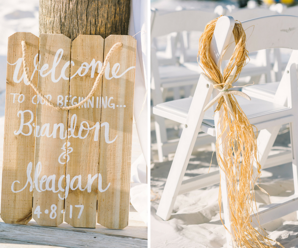Wood Wedding Ceremony Welcome Sign with White Calligraphy and Straw and Starfish Chair Accents | Tampa Bay Wedding Venue Hilton Clearwater Beach
