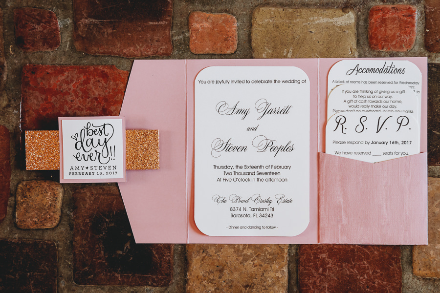 Pink Wedding Invitation Suite with Gold Glitter Belly Band and Black and White Invites