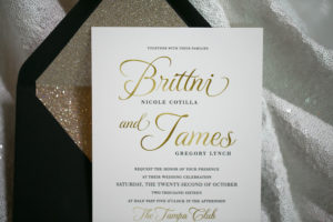 Black and Gold Wedding Invitation with Black and Gold Glitter Envelope | Tampa Bay Letterpress Invitation & Stationery Designer A & P Designs | Tampa Bay Wedding Photographer Carrie Wildes Photography