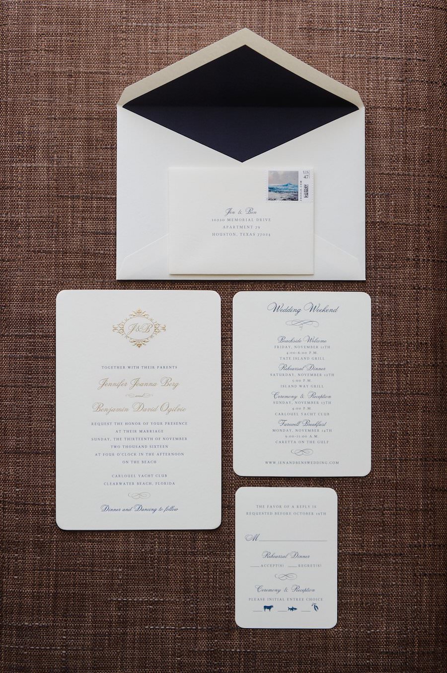 Traditional White Wedding Invitation Suite with Gold Script and Black Envelope Liner