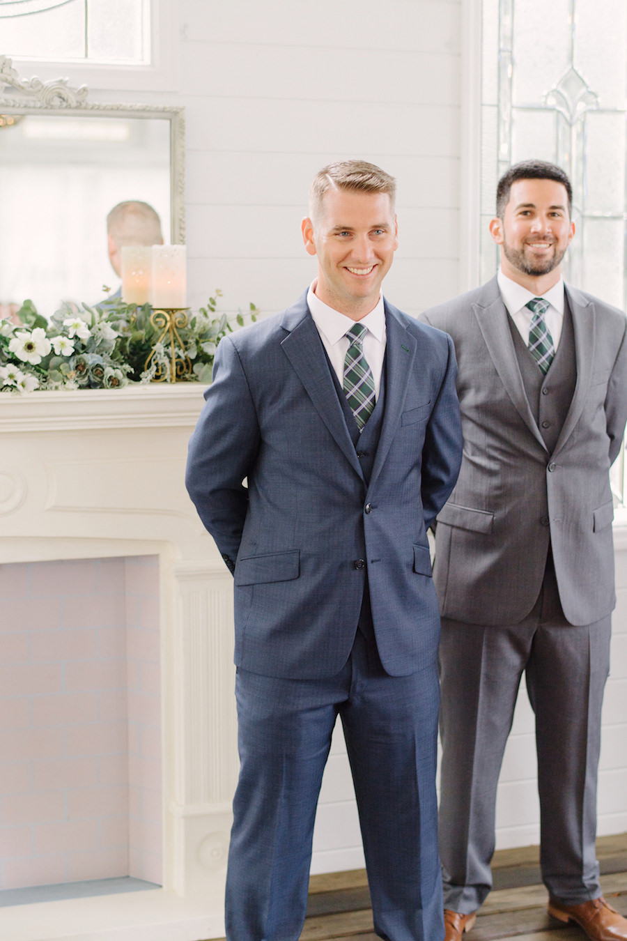Groom Wedding Ceremony Portrait in Navy Suit with Hunter Green Plaid Tie