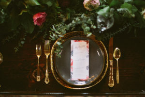 Florida, Modern Bohemian Inspired Styled Shoot | Vintaged Wooden Sweetheart Table with Greenery Garland Decor and Gold Flatware and Charger Plates with Watercolor Menu Card | Tampa Bay Wedding Planner Glitz Events