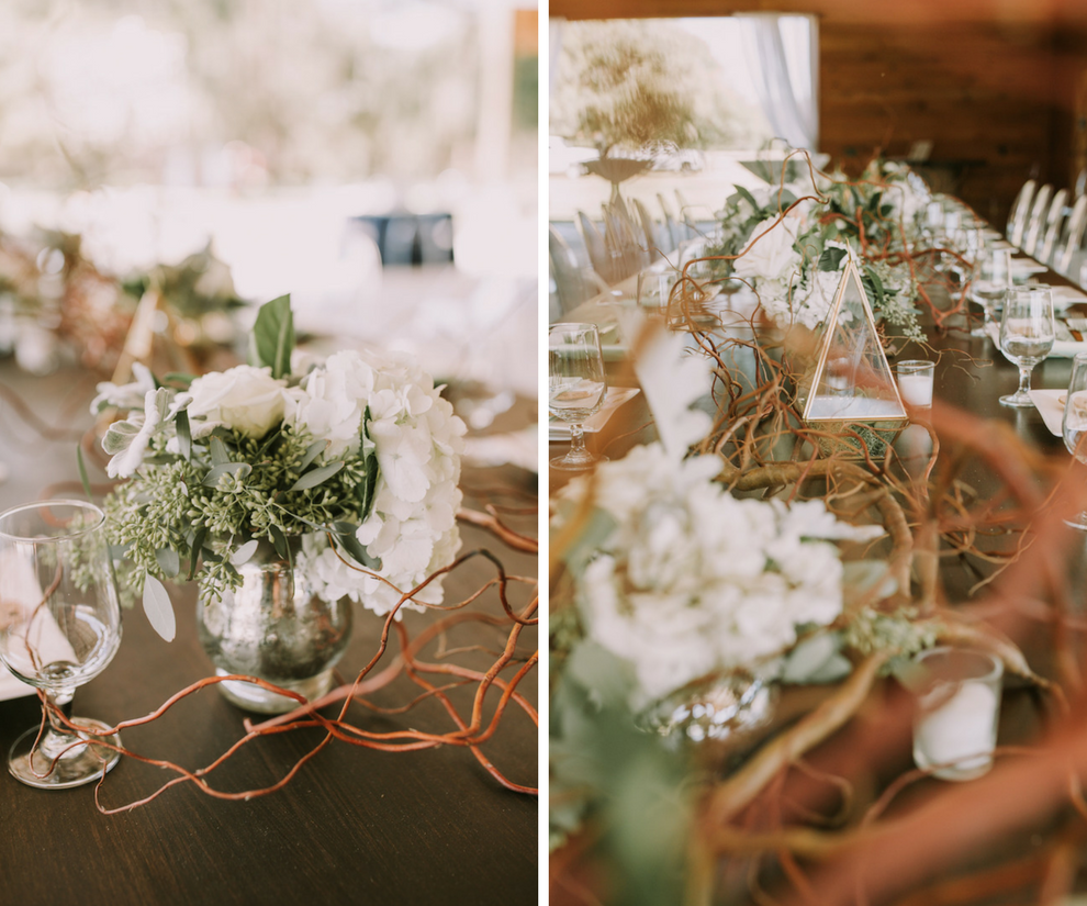Outdoor Barn Wedding Reception Feasting Table with Rustic Wood Decor in Mercury Glass with White Hydrangea and Greenery Decor Centerpieces with Clear Ghost Chairs | Sarasota Wedding Planner Jennifer Matteo Event Planning