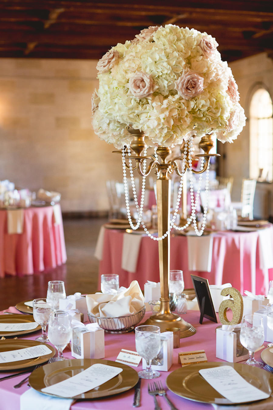 Gold Wedding Reception Decor with Tall Gold Centerpieces and Blush Pink Linens | Wedding Reception Decor Ideas and Inspiration
