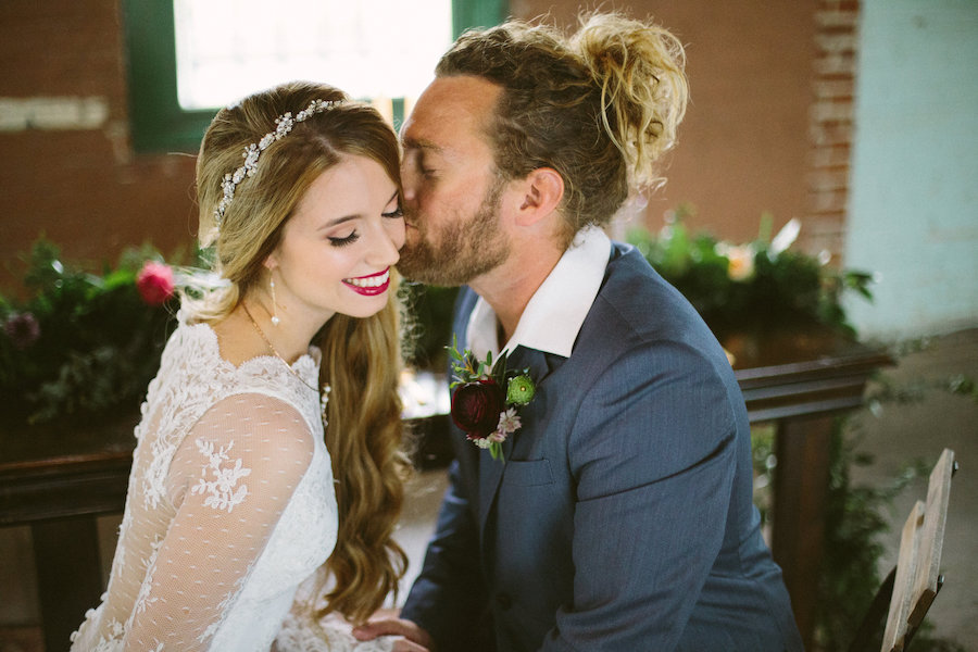 Modern Bohemian Inspired Wedding Styled Shoot Portrait of Bride in Long Sleeve Lace Isabel O'Neil Bridal Collection Wedding Gown and Groom in Grey Suit