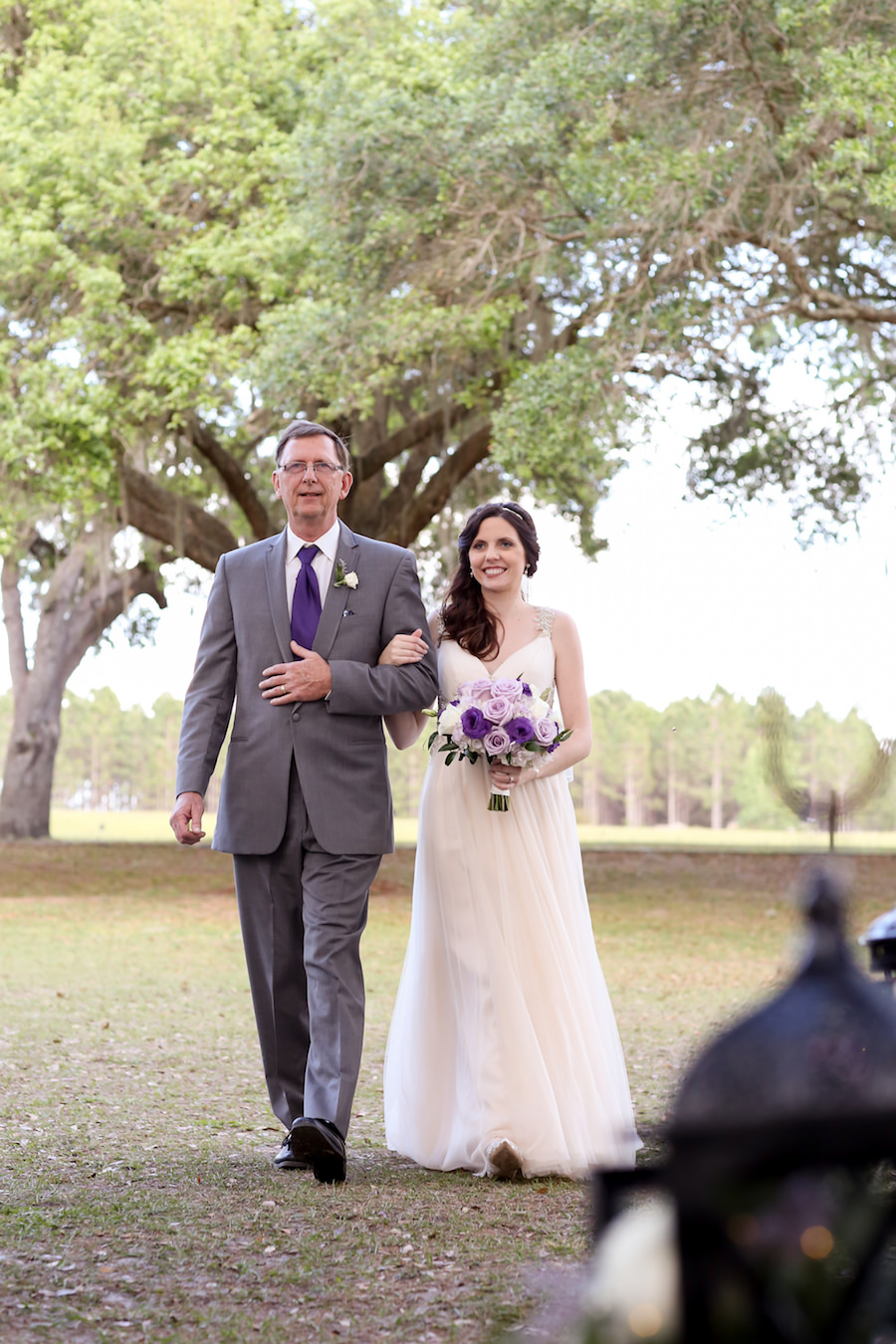 Bride and Father Wedding Ceremony Portrait Walking Down the Aisle at Tampa Bay Wedding Venue The Lange Farm | | Purple, Ivory and Lilac Roses Bridal Wedding Bouquet | Tampa Wedding Florist Northside Florist