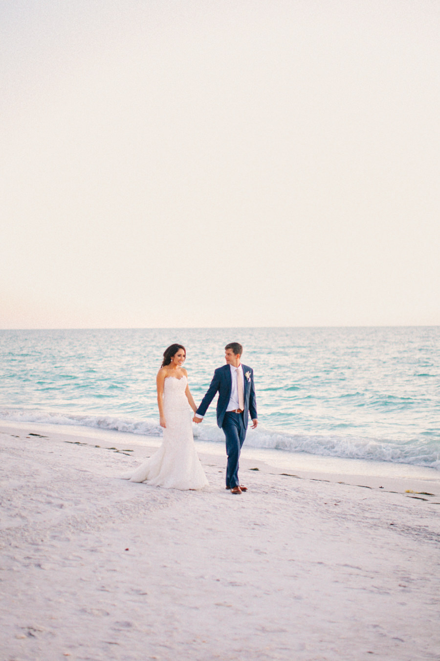 Outdoor Sarasota Florida Bride and Groom Beach Wedding Portrait | White Strapless Pronovias Bridal Gown