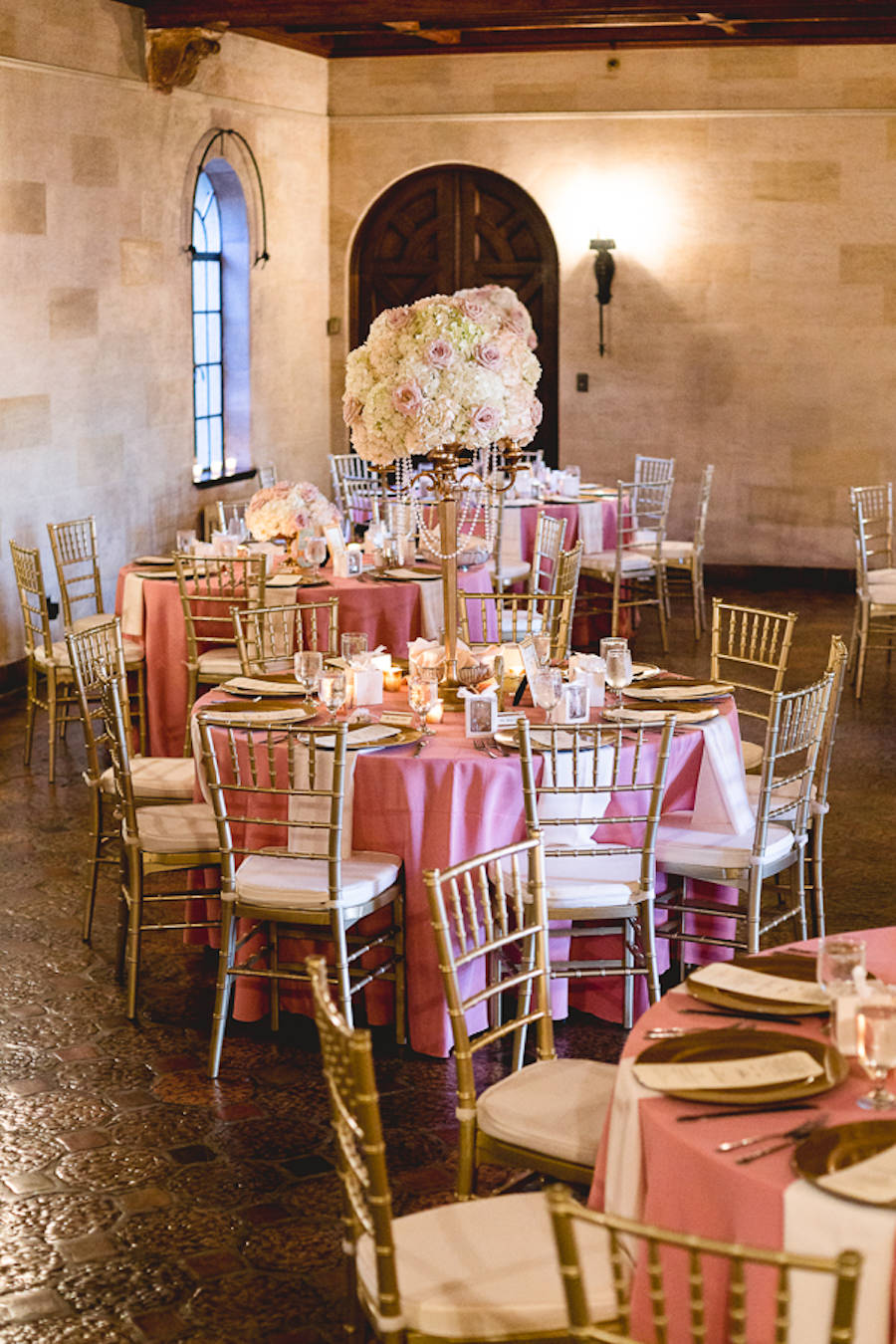 Gold Wedding Reception Decor with Tall Gold Centerpieces and Blush Pink Linens | Wedding Reception Decor Ideas and Inspiration
