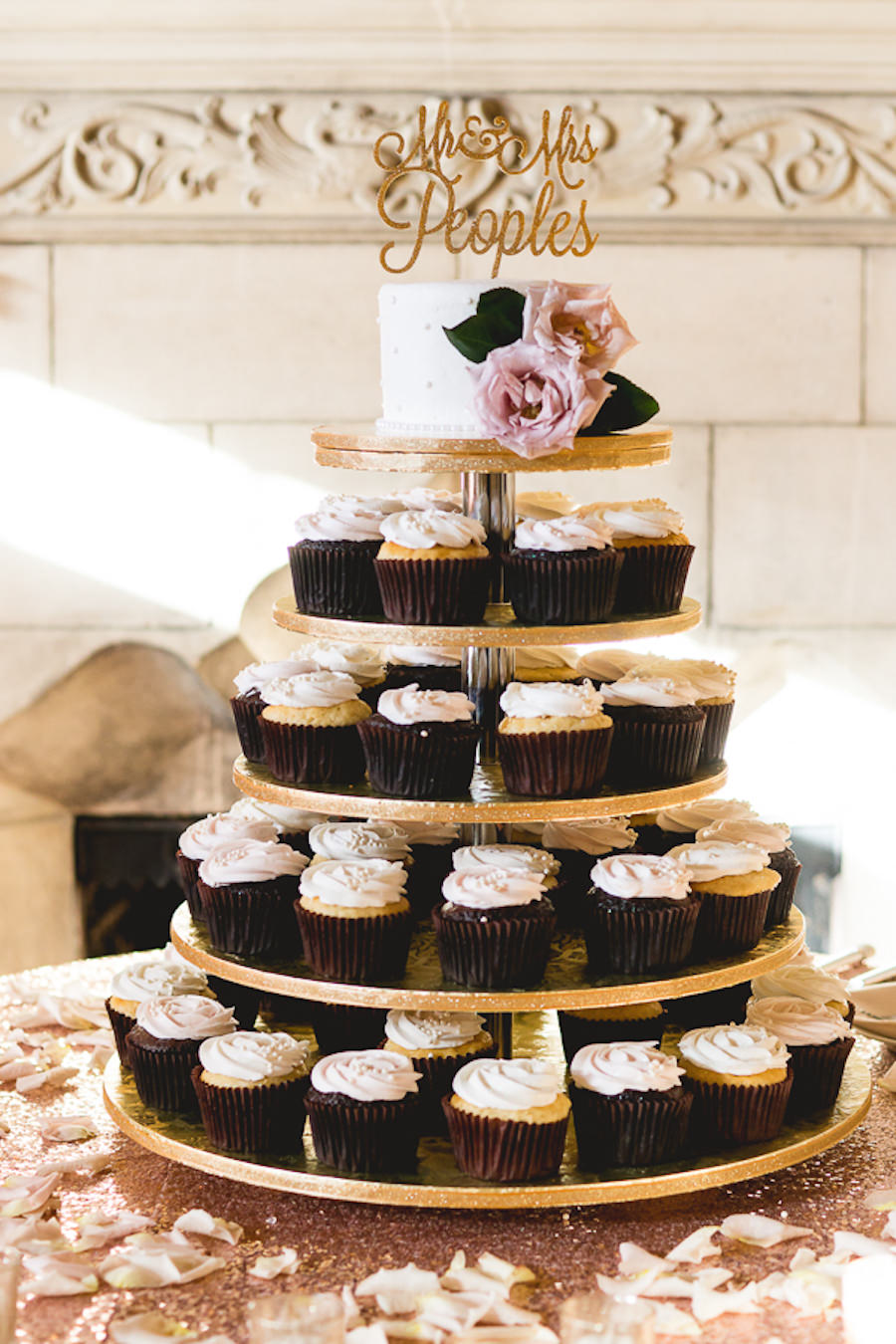 Cupcake Tower with Wedding Cake and Custom Mr./Mrs. Last Name Topper