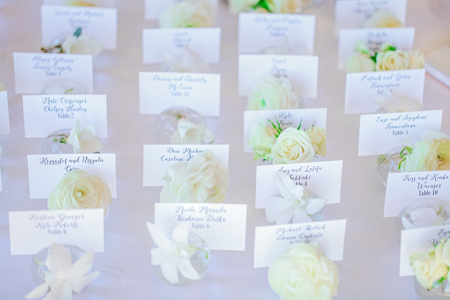 Wedding Guest Calligraphy Seating Cards with Ivory Florals | Sarasota Wedding Planner NK Productions